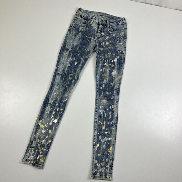 ROBIN'S JEAN Women's Slim Straight Jeans Long Flap Paint Splatter Design Size 24 - Picture 2 of 12